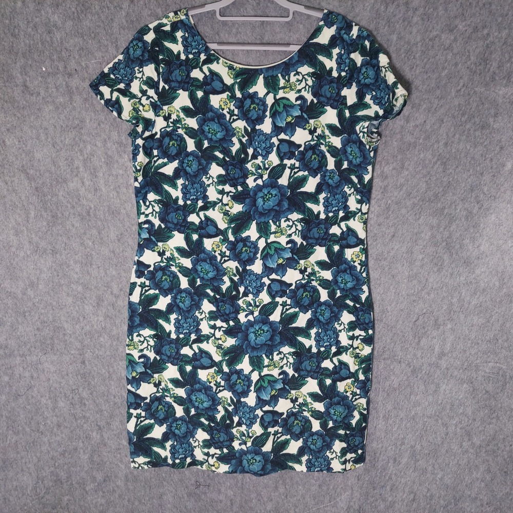 Loft Linen Floral Shift Dress 14 Blue Green Cottagecore V Back Lined Lightweight